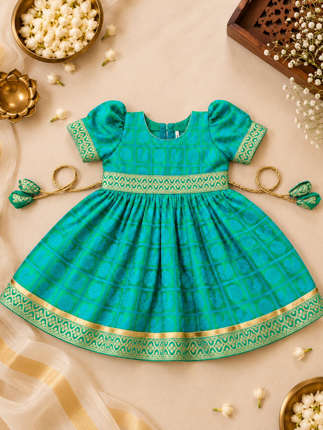 Sea Green Checks Peacock Silk Frock with Balloon Sleeves for Girls