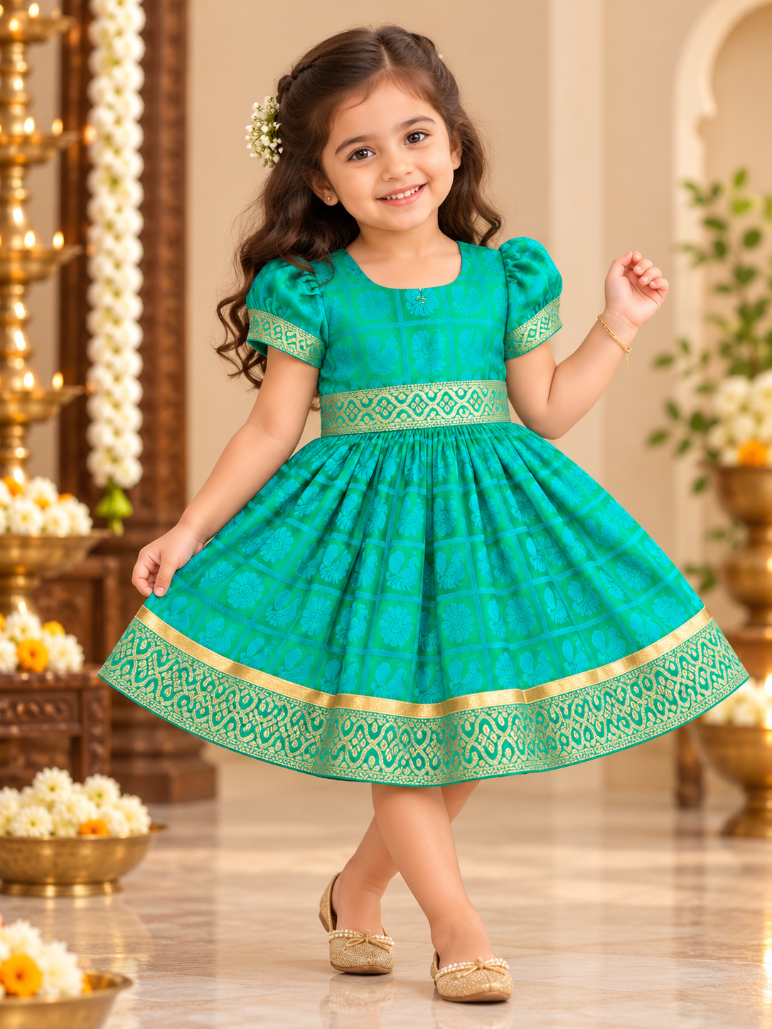 Sea Green Checks Peacock Silk Frock with Balloon Sleeves for Girls