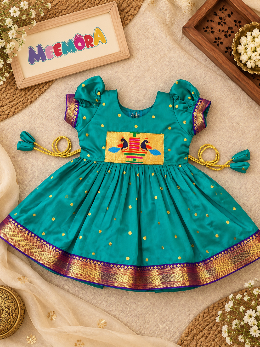 Sea Green Silk Frock with Paithani Peacock Patch for Girls