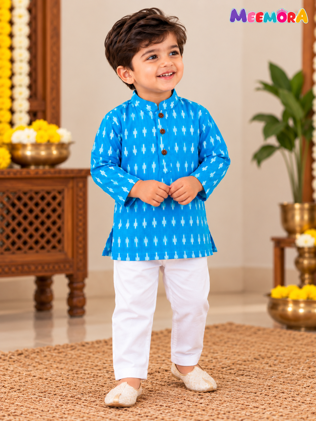 Sky Blue Ikat Cotton Kurta Pajama for Boys | 0-7 Years