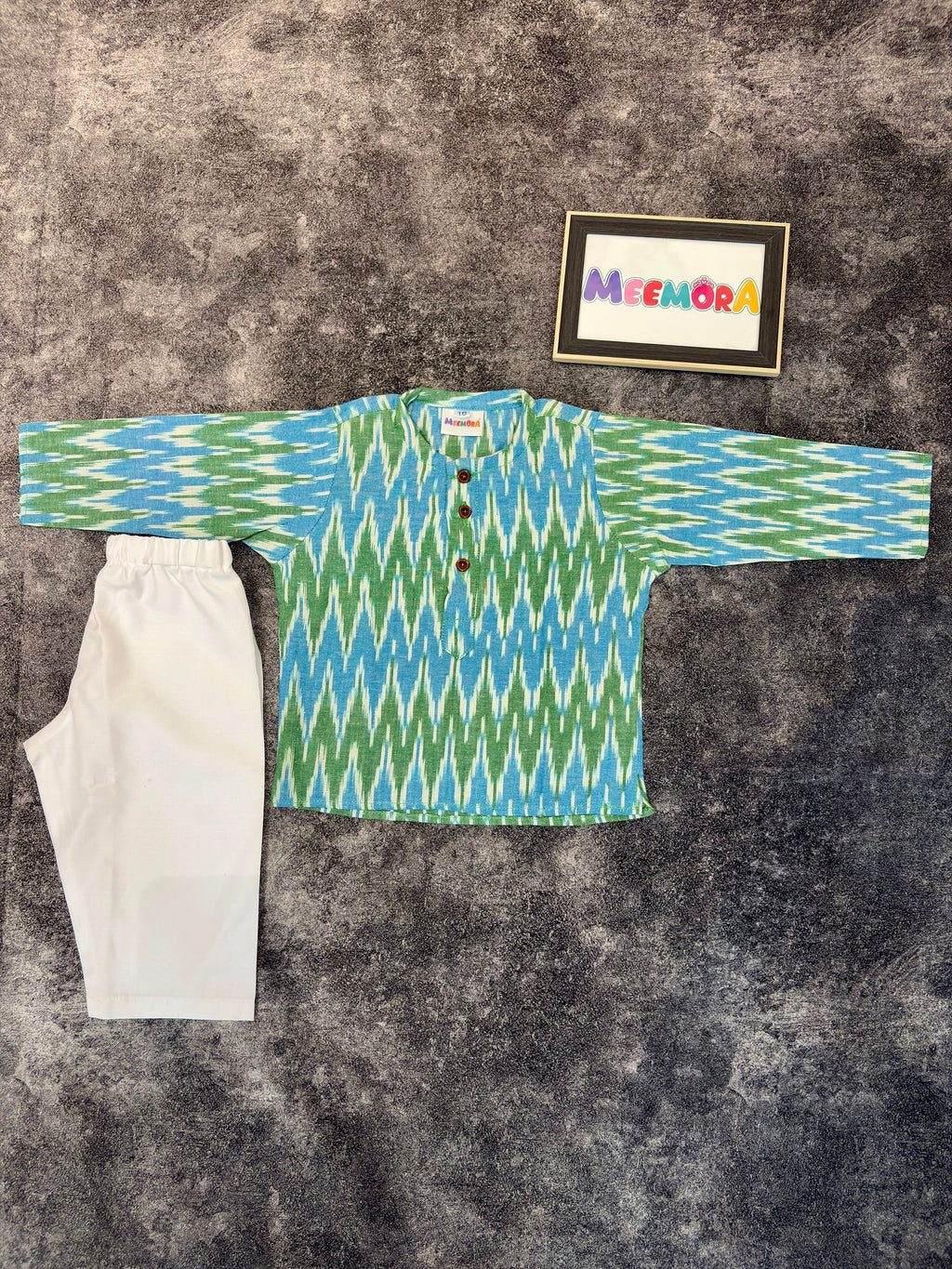 Blue Green Ikat Cotton Kurta Pajama for Boys | 0-7 Years