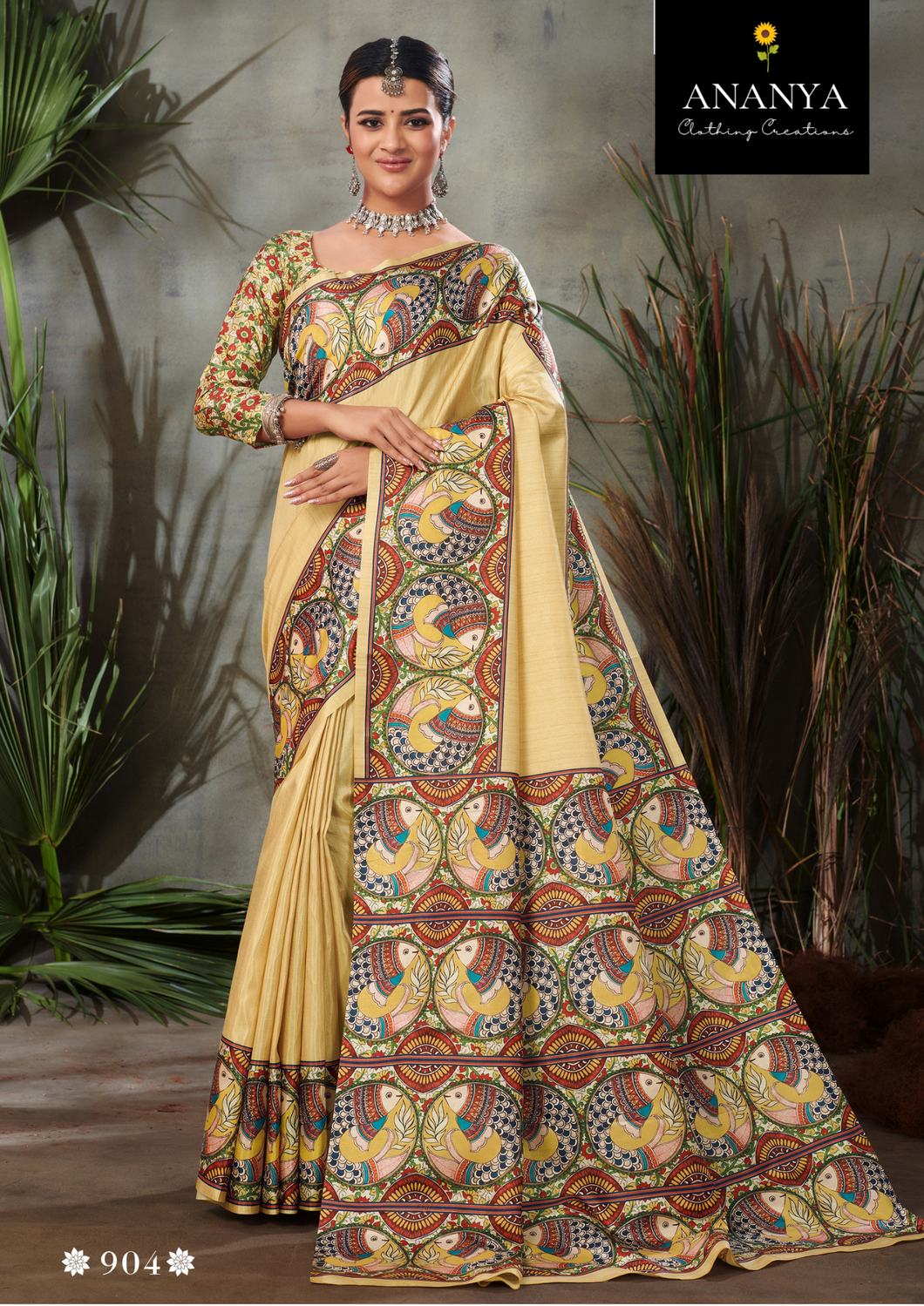 Yellow Kalamkari Print Dola Silk Saree