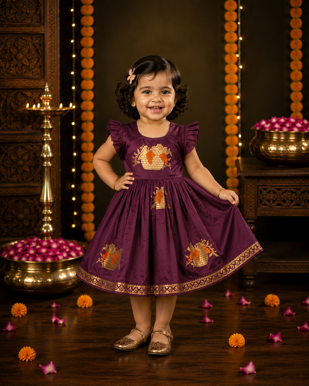 Wine Soft Silk Zari Motif Frock for Baby Girl