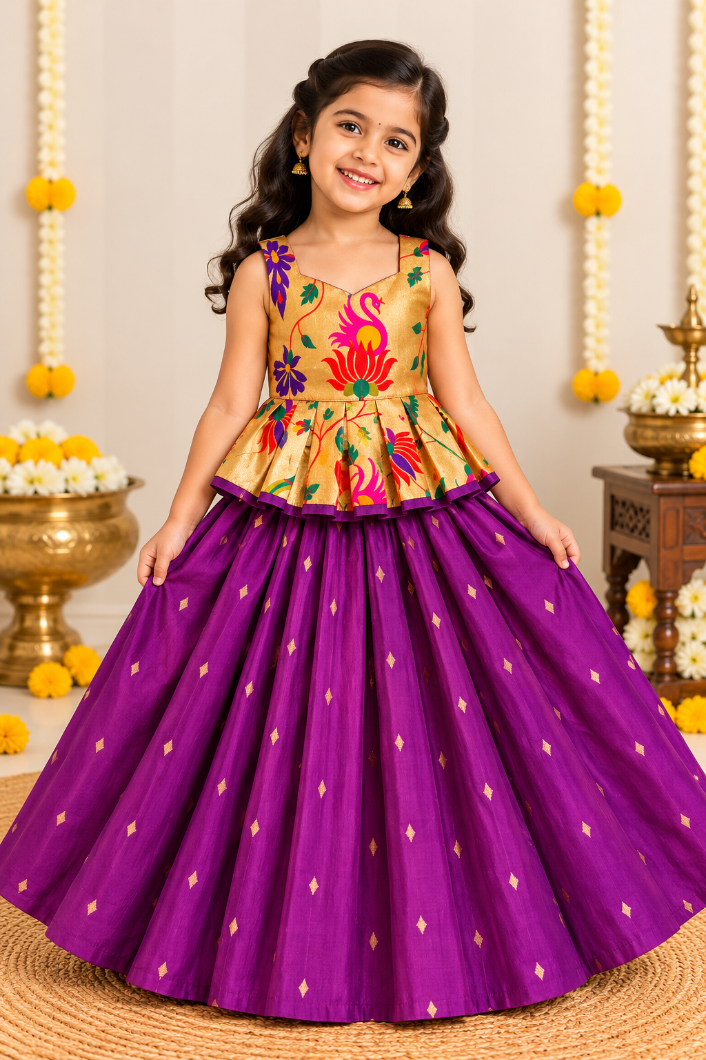 Wine Paithani Zari Silk Skirt & Blouse Set for Girls | 1-8 Years