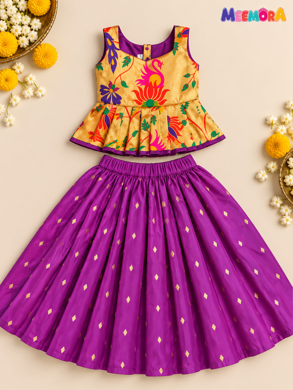 Wine Paithani Zari Silk Skirt & Blouse Set for Girls | 1-8 Years
