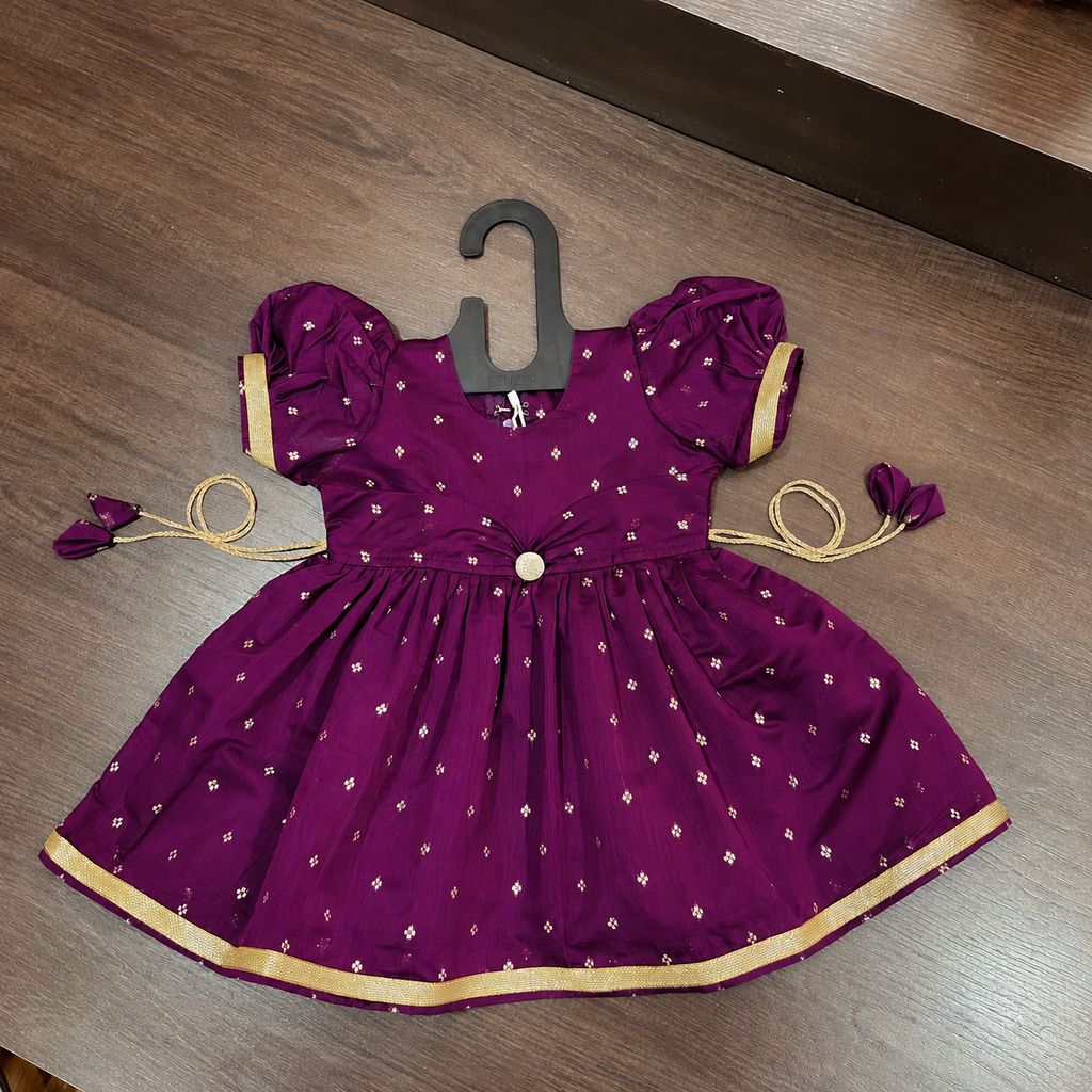 Wine Chanderi Silk Frock with Butti Print for Girls
