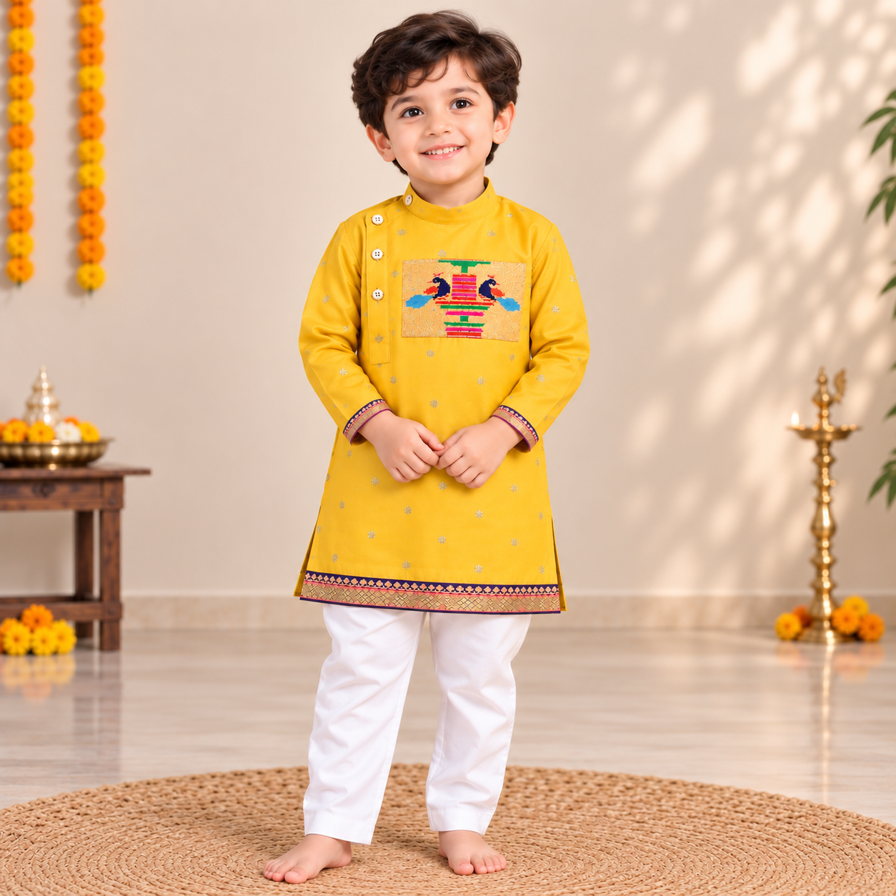 Yellow Paithani Silk Kurta Pajama for Boys