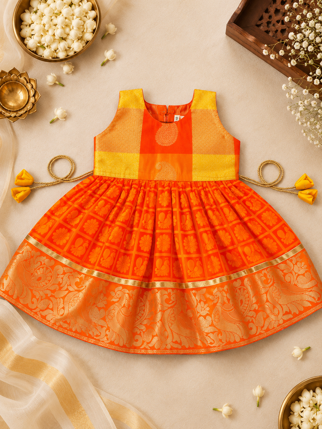 Orange & Yellow Checks Peacock Silk Frock for Girls