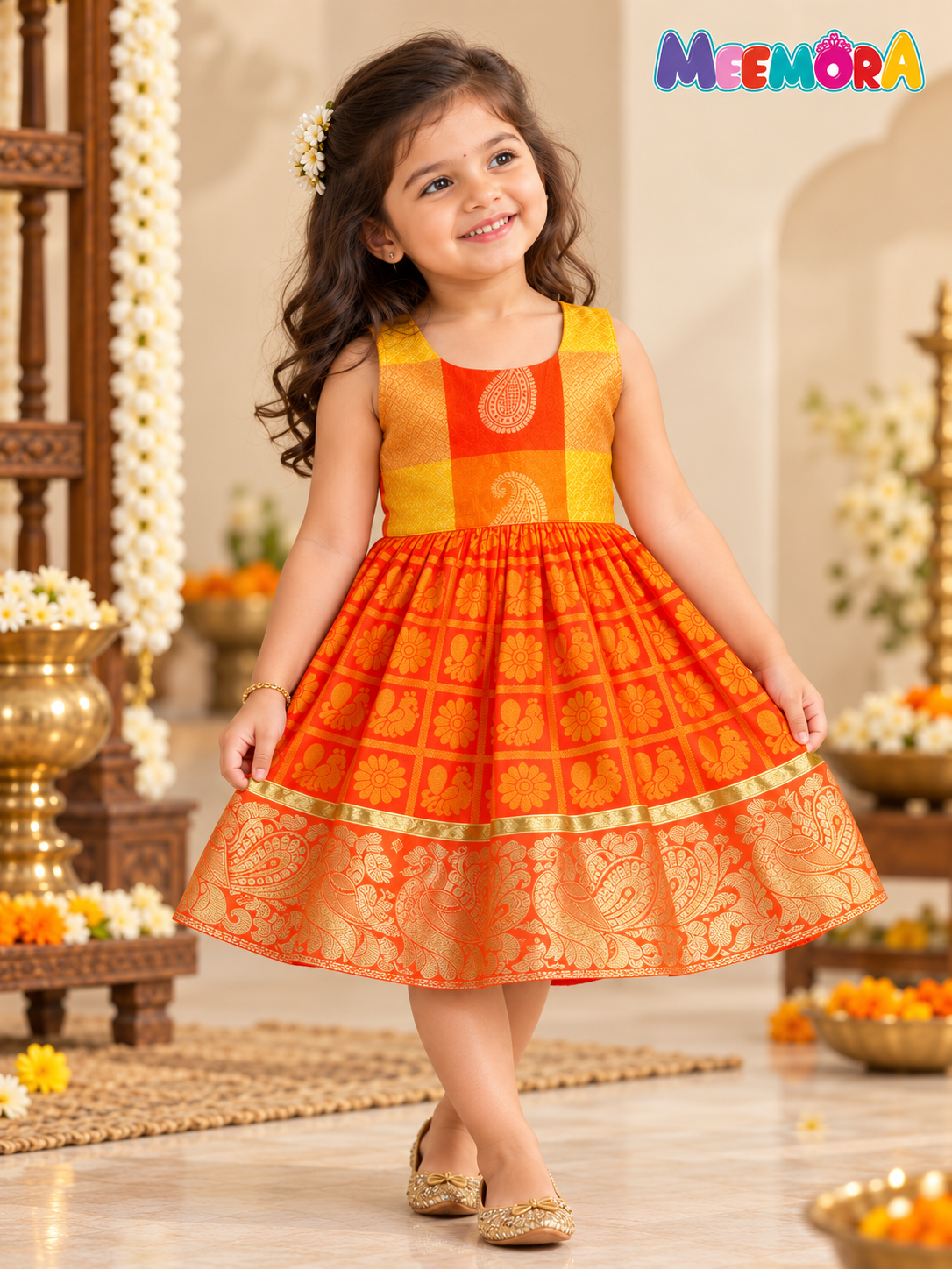 Orange & Yellow Checks Peacock Silk Frock for Girls