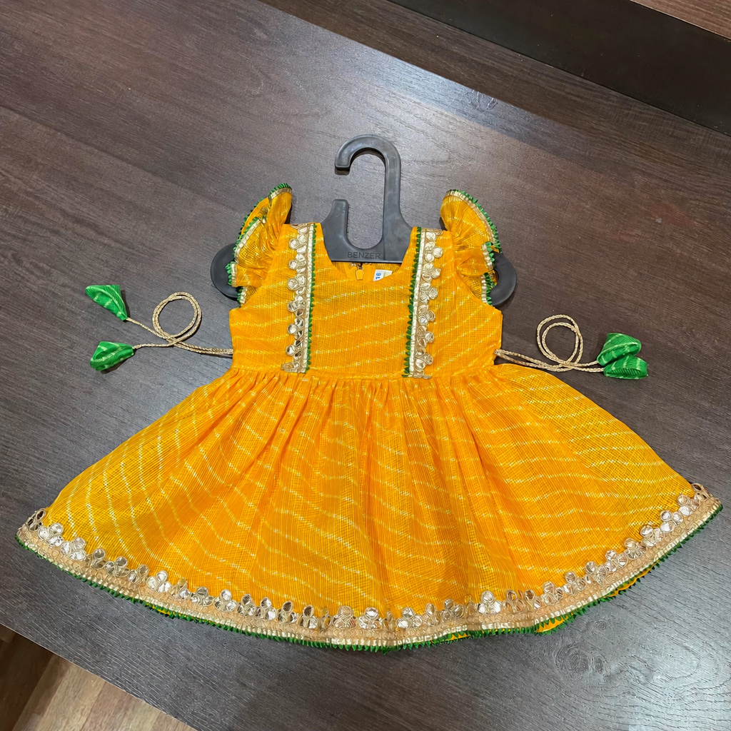 Yellow Lehriya Print Frock with Gotta Patti Border for Girls
