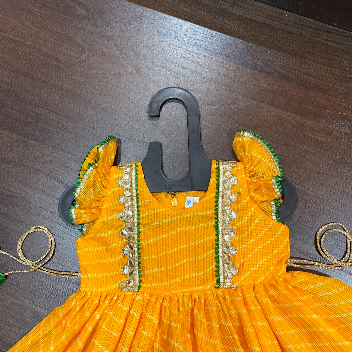 Yellow Lehriya Print Frock with Gotta Patti Border for Girls