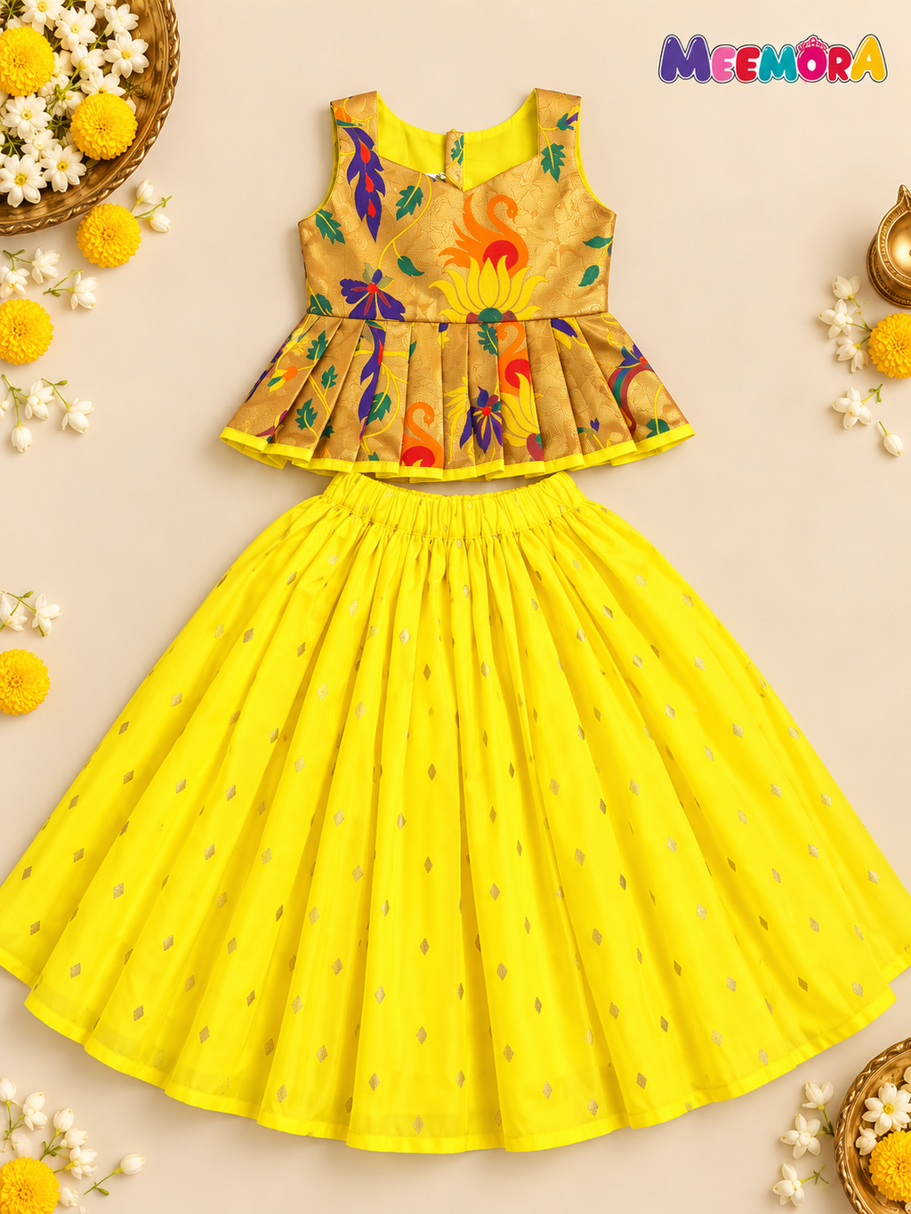 Yellow Paithani Zari Silk Skirt & Blouse Set for Girls | 1-8 Years
