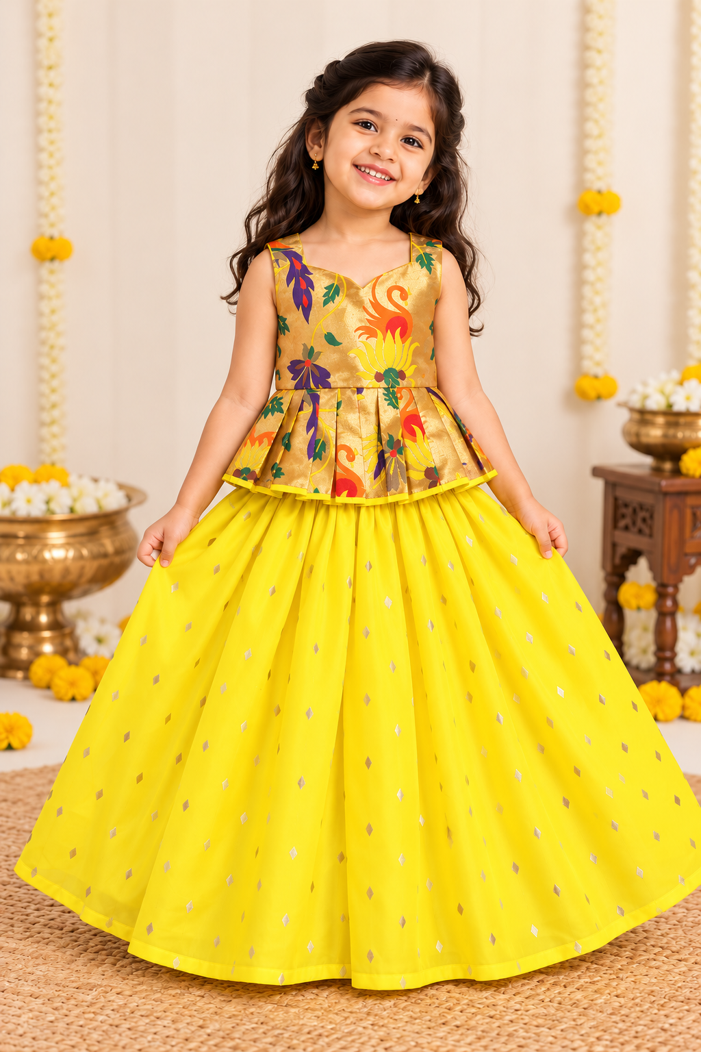 Yellow Paithani Zari Silk Skirt & Blouse Set for Girls | 1-8 Years