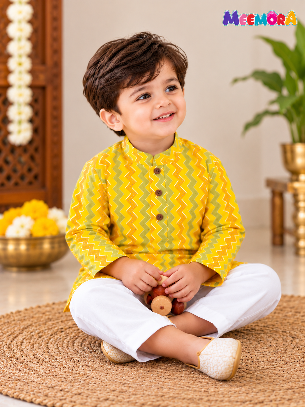 Yellow Green Jaipuri Cotton Kurta Pajama for Boys | 0-7 Years