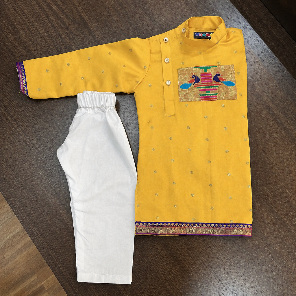Yellow Paithani Silk Kurta Pajama for Boys