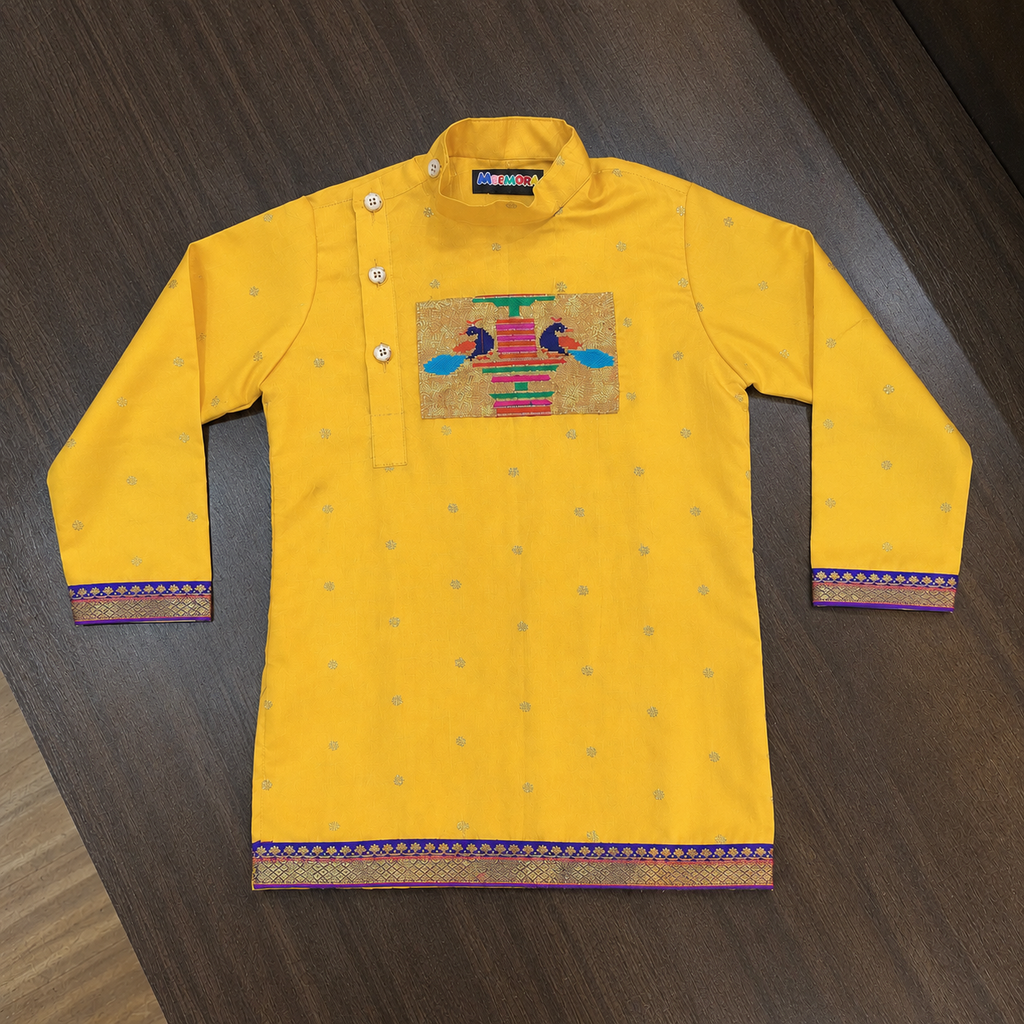 Yellow Paithani Silk Kurta Pajama for Boys