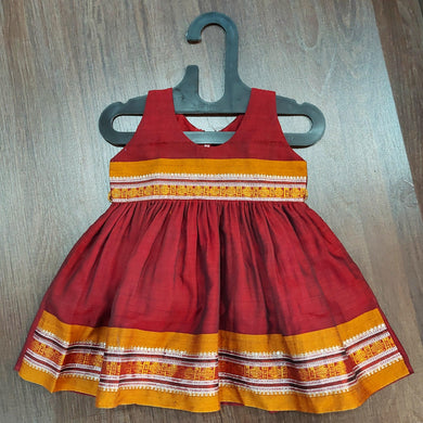 Maroon Color Mustard Silver Border Pure Irkal Knee Length Frock Dress - MEEMORA FROCKS