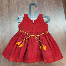 Load image into Gallery viewer, Maroon Color Mustard Silver Border Pure Irkal Knee Length Frock Dress - MEEMORA FROCKS
