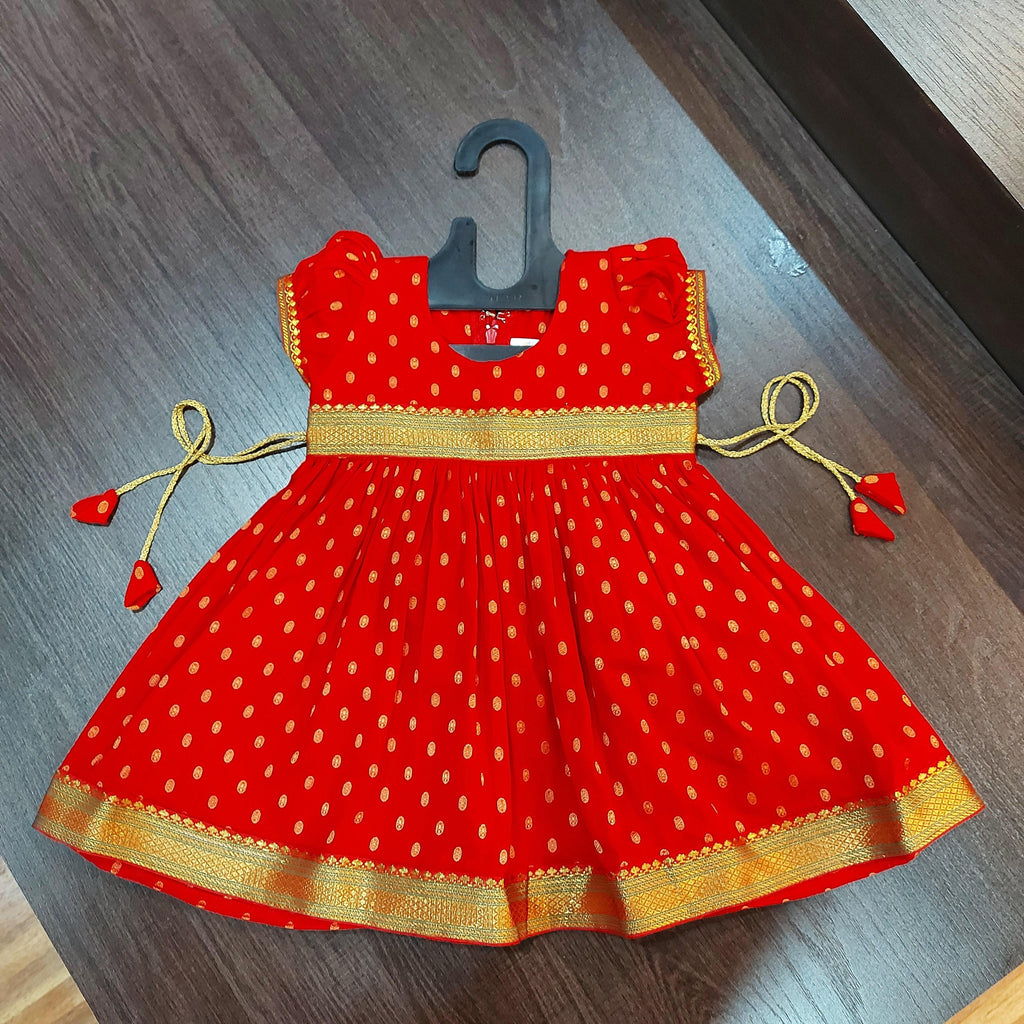 Red Chanderi Butti Frock Dress. - MEEMORA FROCKS