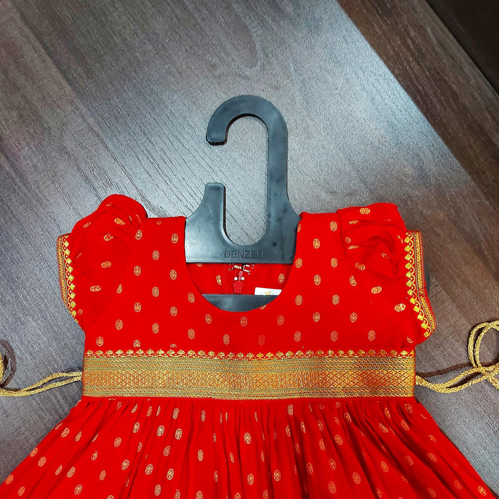 Red Chanderi Butti Frock Dress. - MEEMORA FROCKS