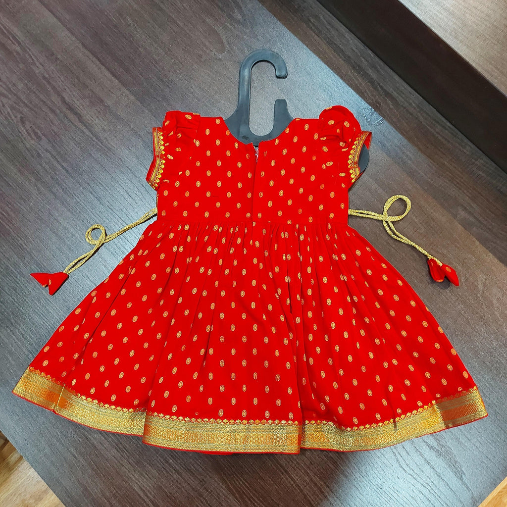 Red Chanderi Butti Frock Dress. - MEEMORA FROCKS