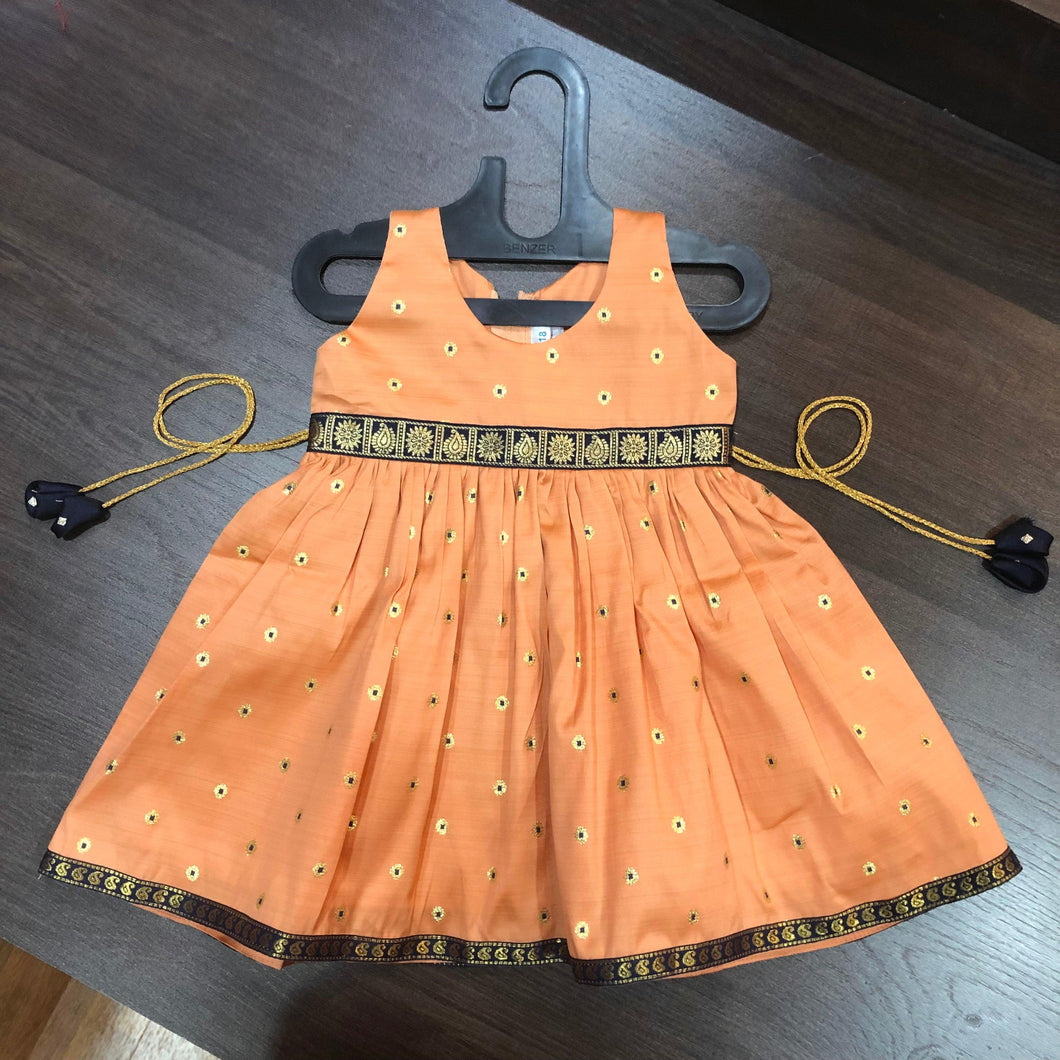 Peach Sleeveless Navy Border Silk Frock Dress - MEEMORA FROCKS
