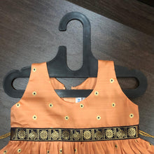 Load image into Gallery viewer, Peach Sleeveless Navy Border Silk Frock Dress - MEEMORA FROCKS
