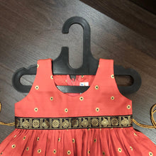 Load image into Gallery viewer, Tomato Sleeveless Navy Border Silk Frock Dress - MEEMORA FROCKS
