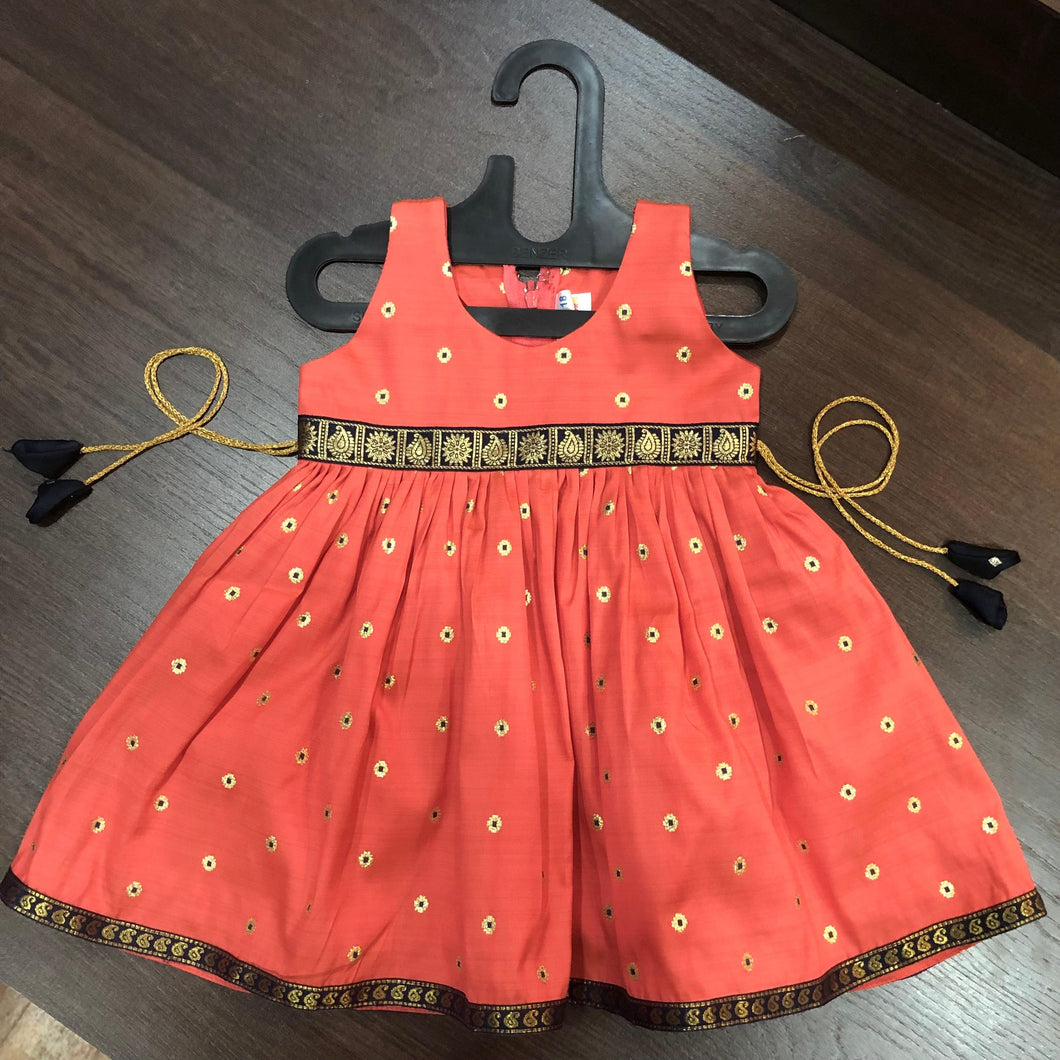 Tomato Sleeveless Navy Border Silk Frock Dress - MEEMORA FROCKS