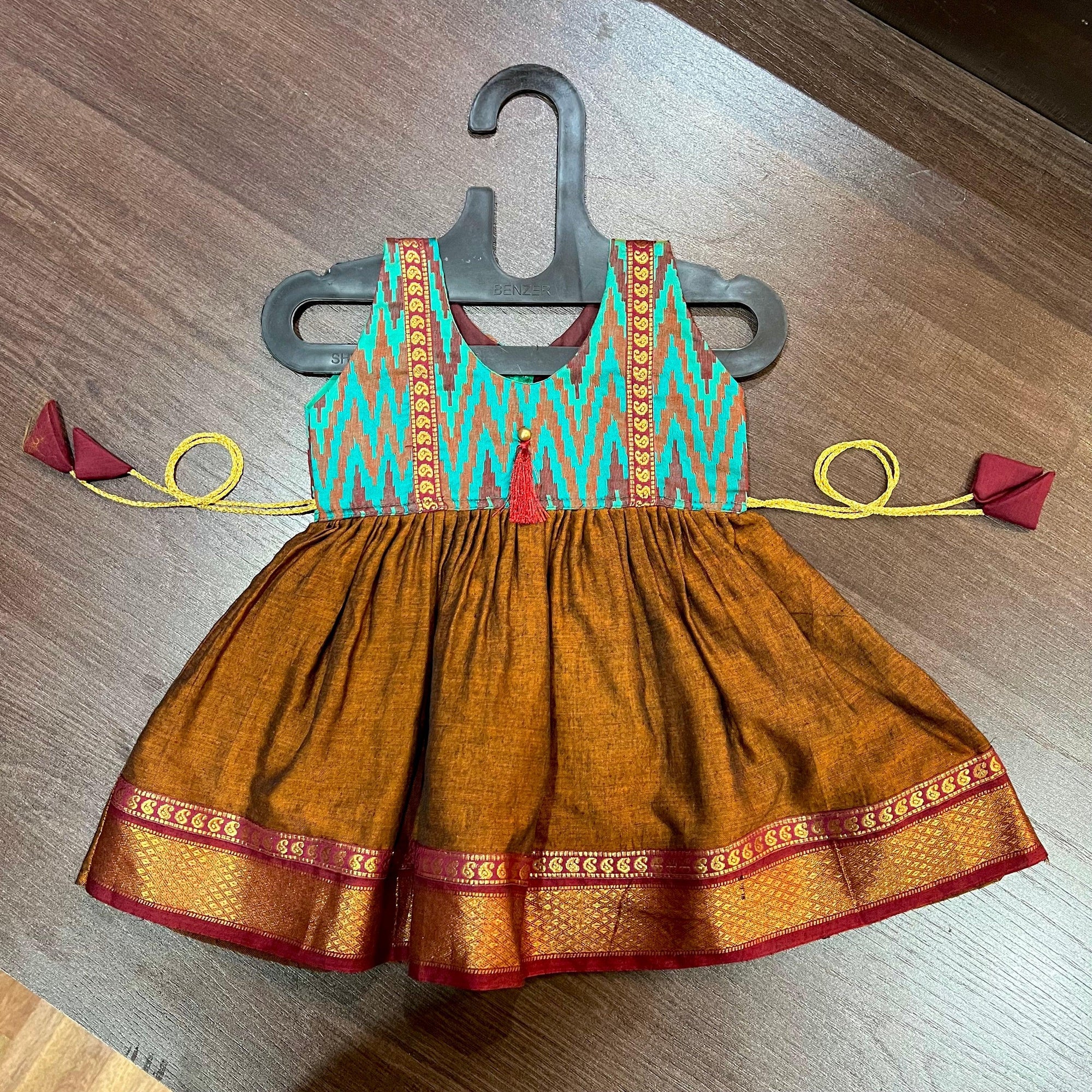 SEAGREEN CHIKOO IKAT ILKAL COMBINATION KNEE LENGTH FROCK DRESS - MEEMORA FROCKS