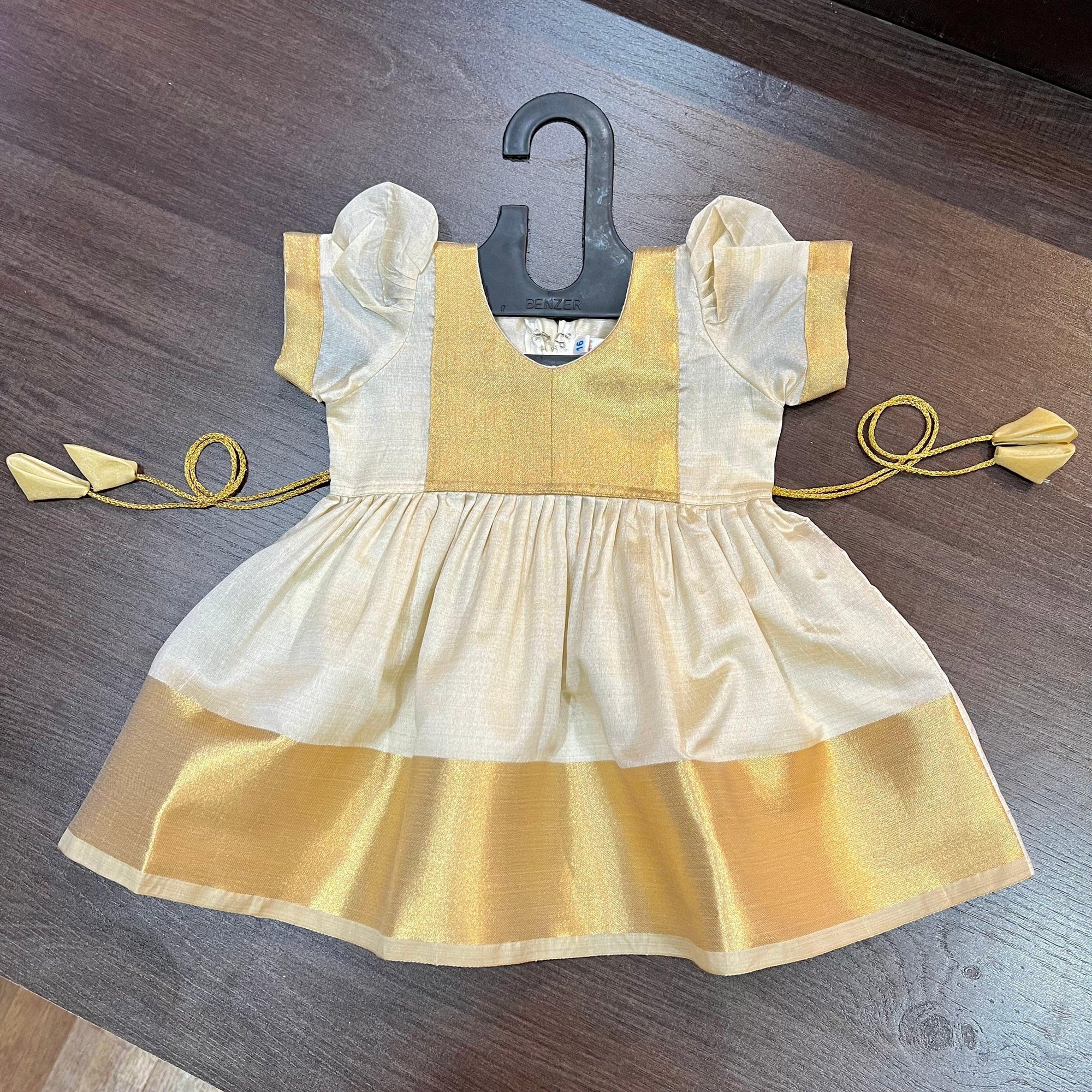 Cream Color Kasavu Patch Silk Frock Dress - MEEMORA FROCKS