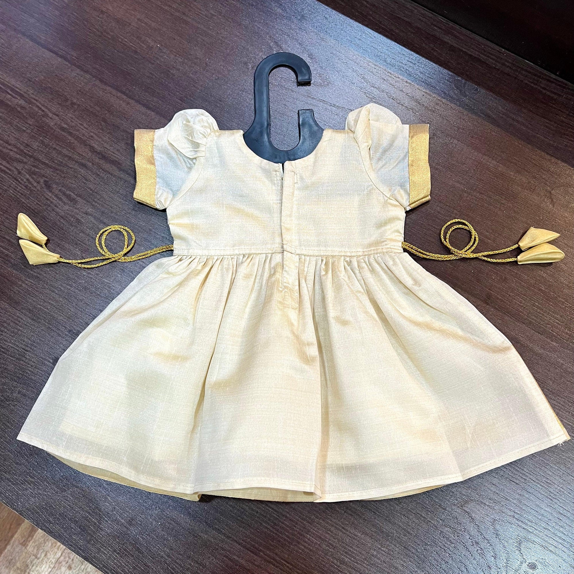 Cream Color Kasavu Patch Silk Frock Dress - MEEMORA FROCKS