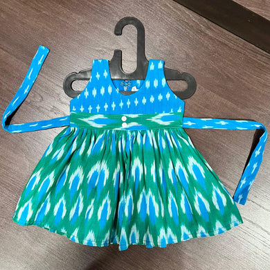 SKY BLUE GREEN COMBINATION PURE IKAT KNEE LENGTH FROCK DRESS - MEEMORA FROCKS