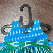 Load image into Gallery viewer, SKY BLUE GREEN COMBINATION PURE IKAT KNEE LENGTH FROCK DRESS - MEEMORA FROCKS
