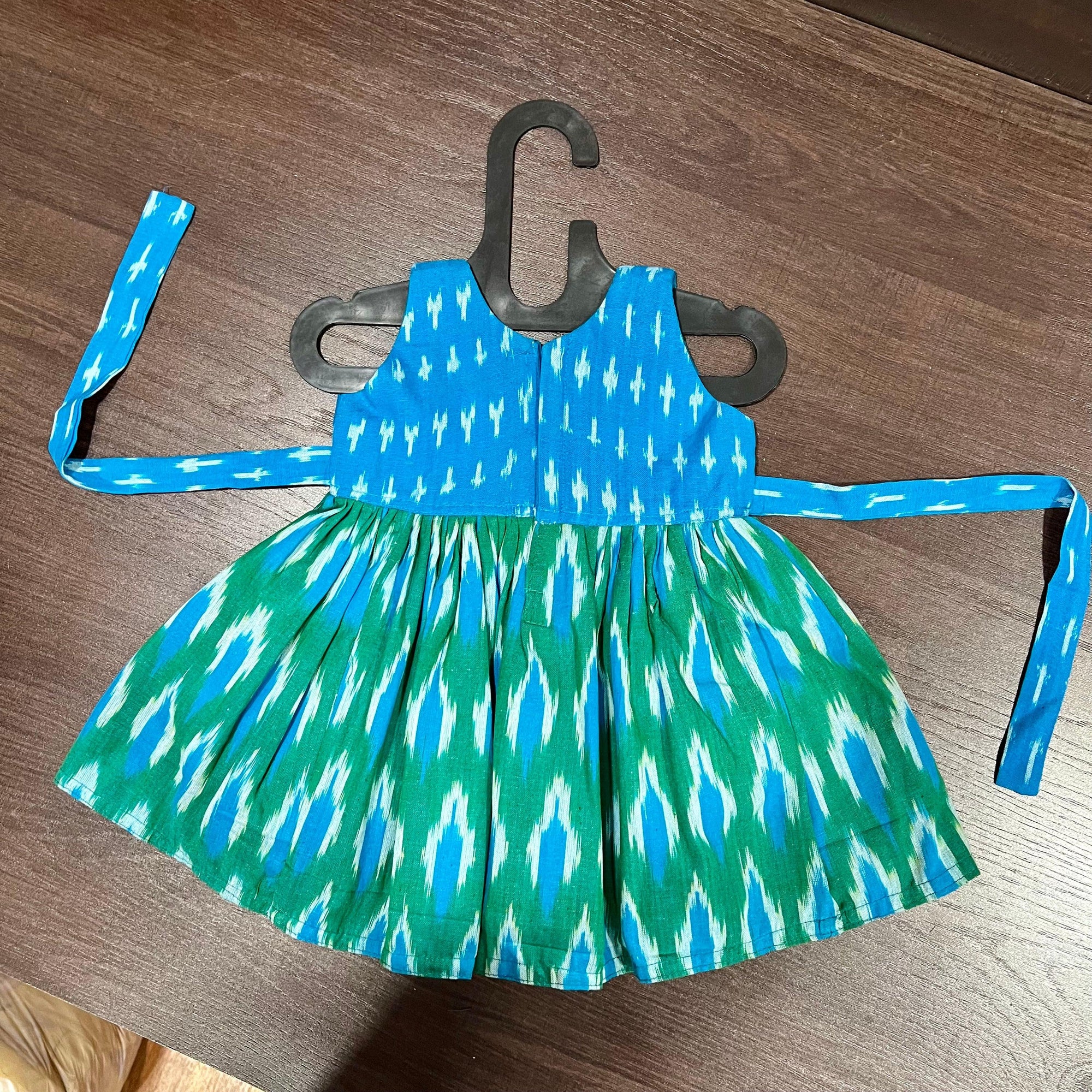 SKY BLUE GREEN COMBINATION PURE IKAT KNEE LENGTH FROCK DRESS - MEEMORA FROCKS