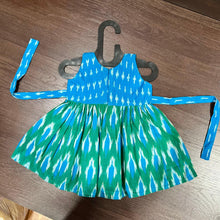 Load image into Gallery viewer, SKY BLUE GREEN COMBINATION PURE IKAT KNEE LENGTH FROCK DRESS - MEEMORA FROCKS
