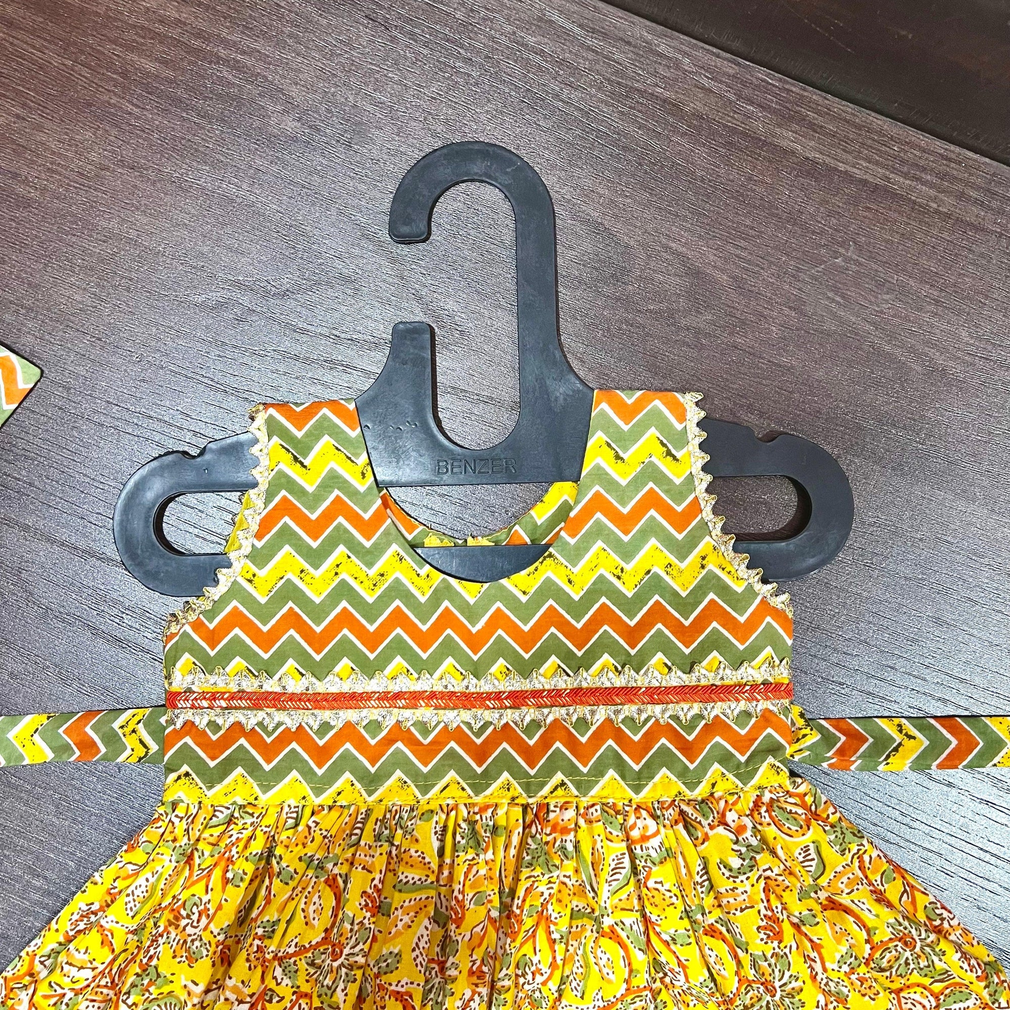 YELLOW & ORANGE FLORAL ZIGZAG COMBINATION JAIPURI COTTON FROCK - MEEMORA FROCKS