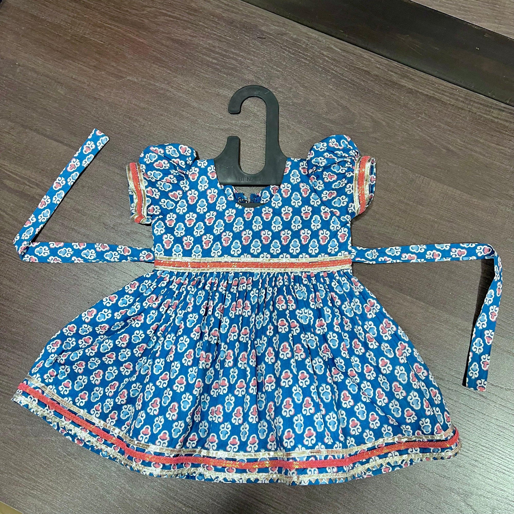 Blue Floral Jaipuri Cotton Knee Length Frock Dress - MEEMORA FROCKS
