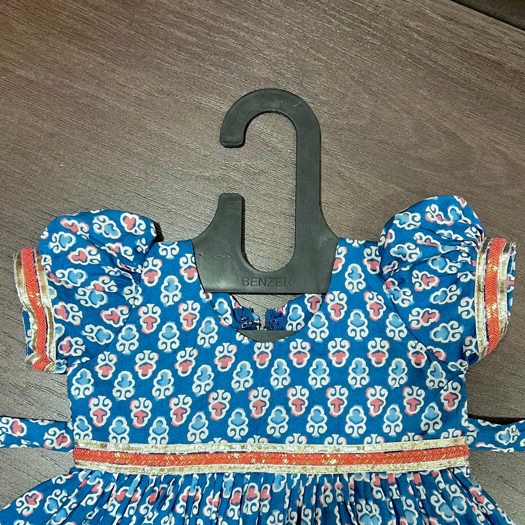 Blue Floral Jaipuri Cotton Knee Length Frock Dress - MEEMORA FROCKS