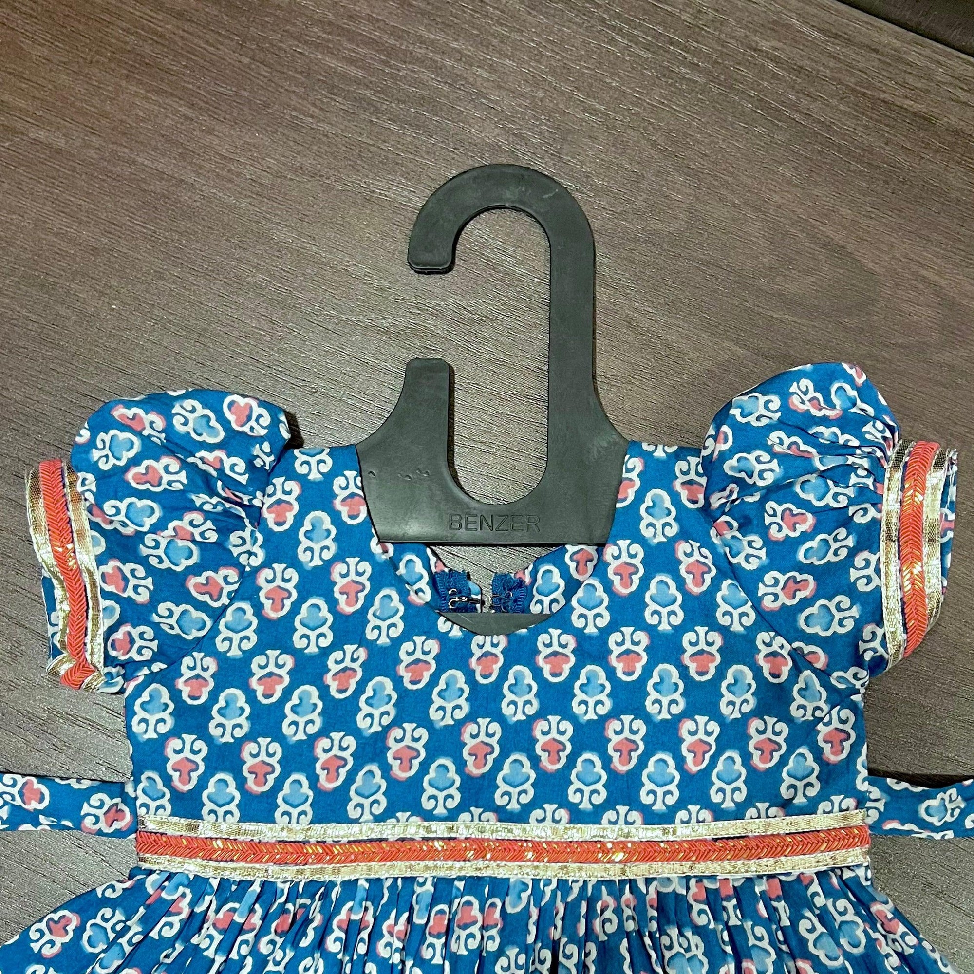 Blue Floral Jaipuri Cotton Knee Length Frock Dress - MEEMORA FROCKS