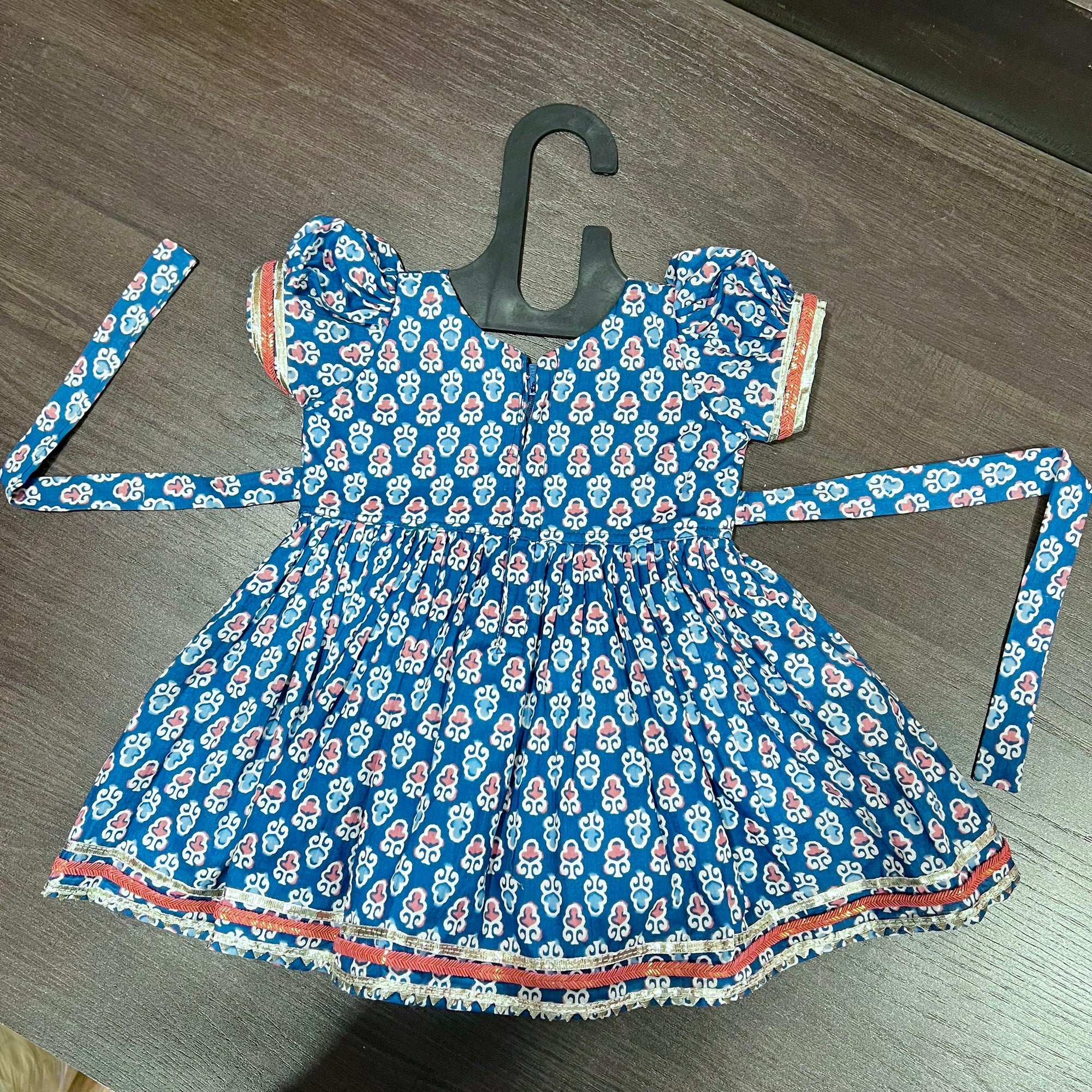Blue Floral Jaipuri Cotton Knee Length Frock Dress - MEEMORA FROCKS