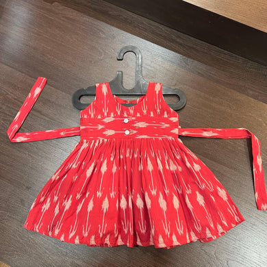RED & WHITE COMBINATION PURE IKAT KNEE LENGTH FROCK DRESS - MEEMORA FROCKS