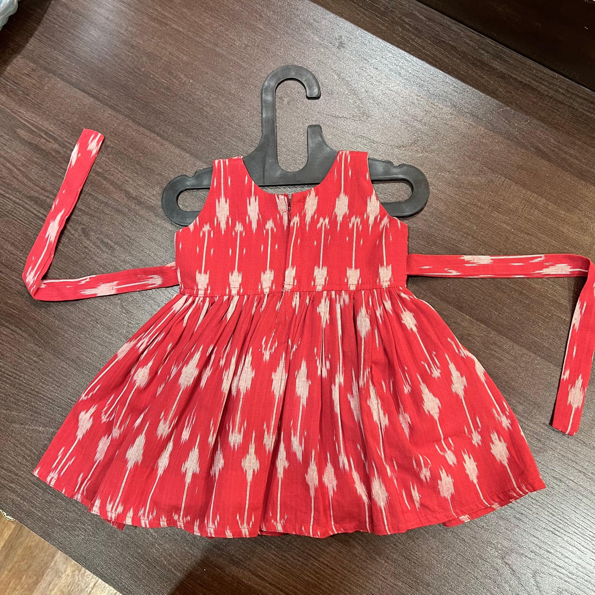 RED & WHITE COMBINATION PURE IKAT KNEE LENGTH FROCK DRESS - MEEMORA FROCKS