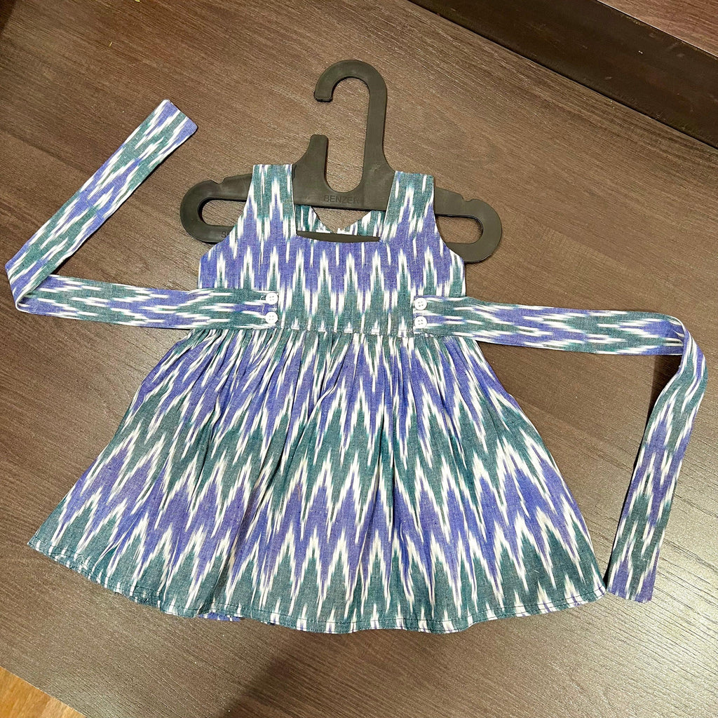 Light blue and green ikat cotton frock for girls - front view