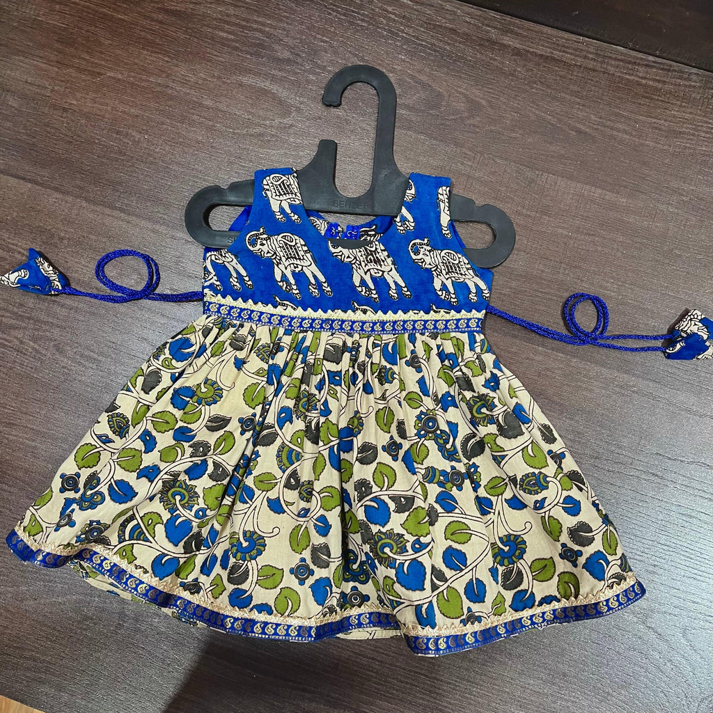 Blue & Off White Elephant Kalamkari Cotton Frock Dress - MEEMORA FROCKS