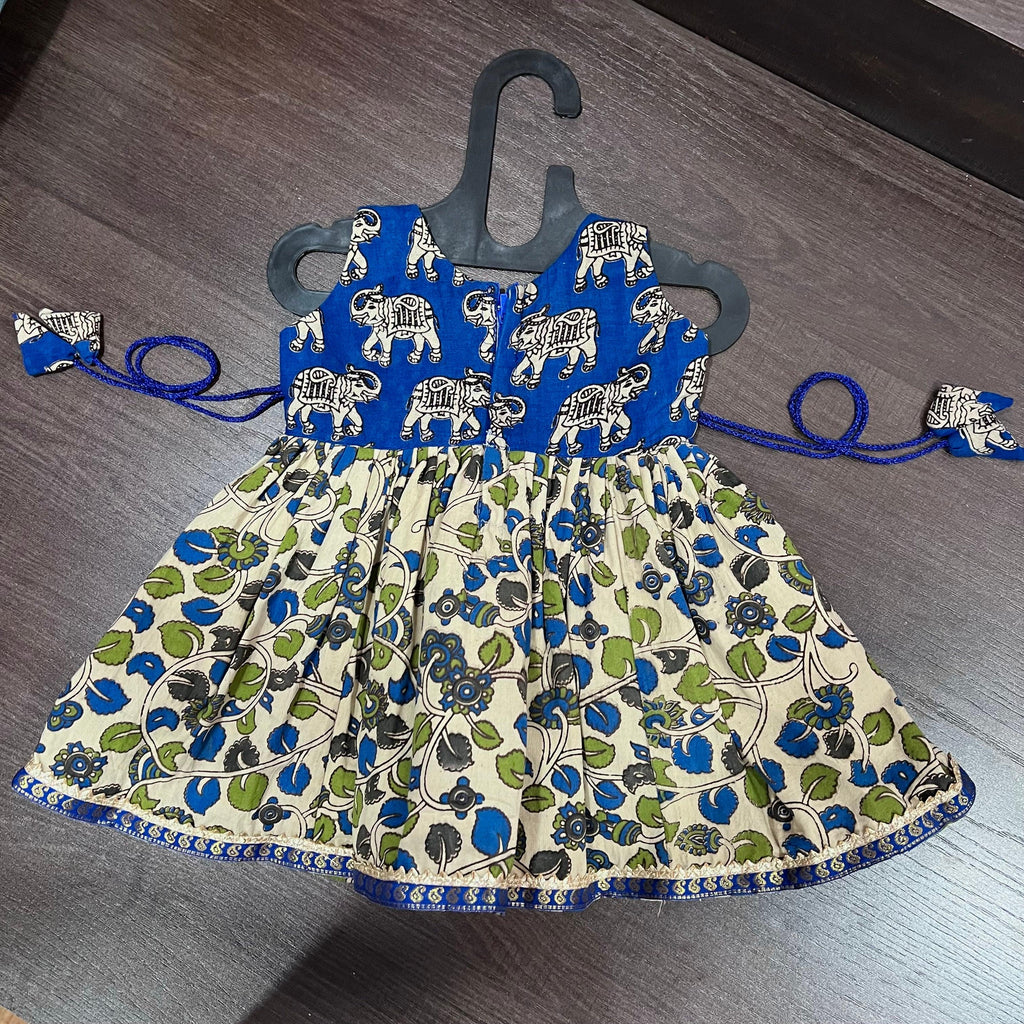 Blue & Off White Elephant Kalamkari Cotton Frock Dress - MEEMORA FROCKS