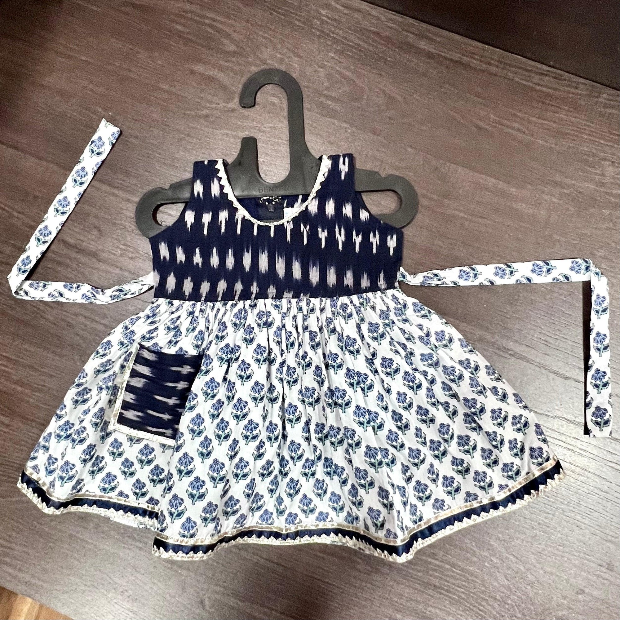 WHITE FLORAL JAIPURI & NAVY IKAT COTTON FROCK DRESS - MEEMORA FROCKS