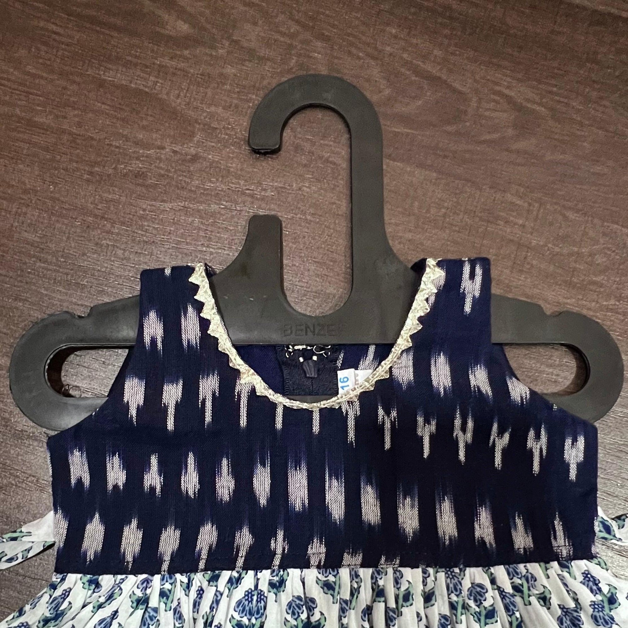 WHITE FLORAL JAIPURI & NAVY IKAT COTTON FROCK DRESS - MEEMORA FROCKS