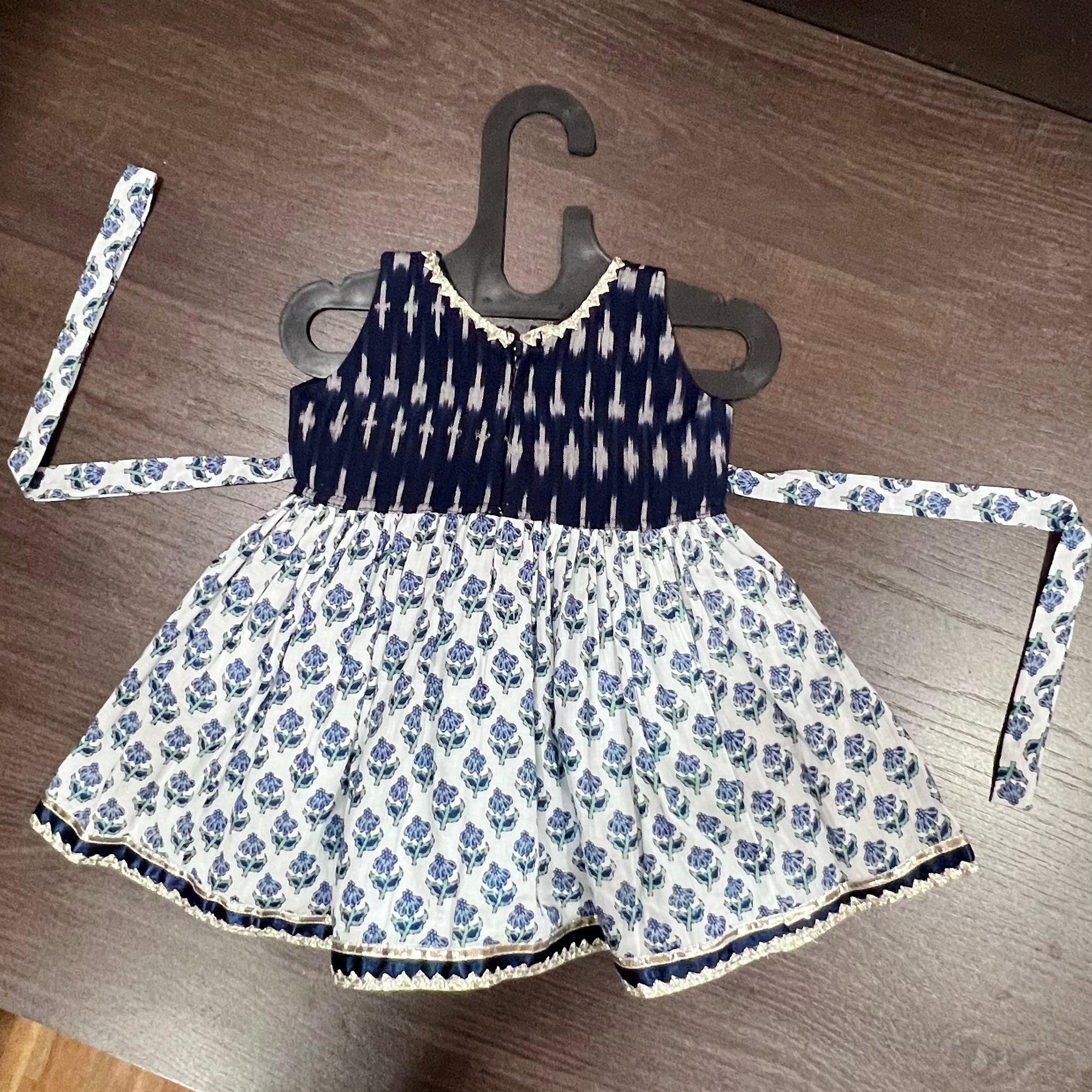 WHITE FLORAL JAIPURI & NAVY IKAT COTTON FROCK DRESS - MEEMORA FROCKS