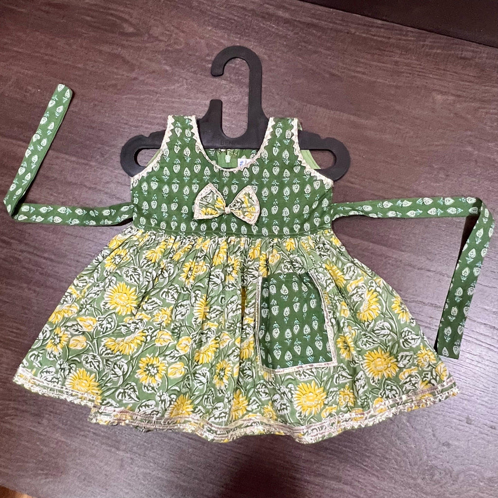 YELLOW & GREEN FLORAL COMBINATION JAIPURI COTTON FROCK - MEEMORA FROCKS